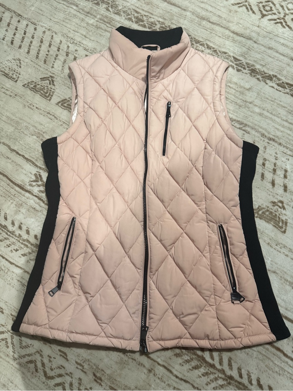 Calvin Klein Blush Quilted Sleeveless Zip Vest with Black Side Panels